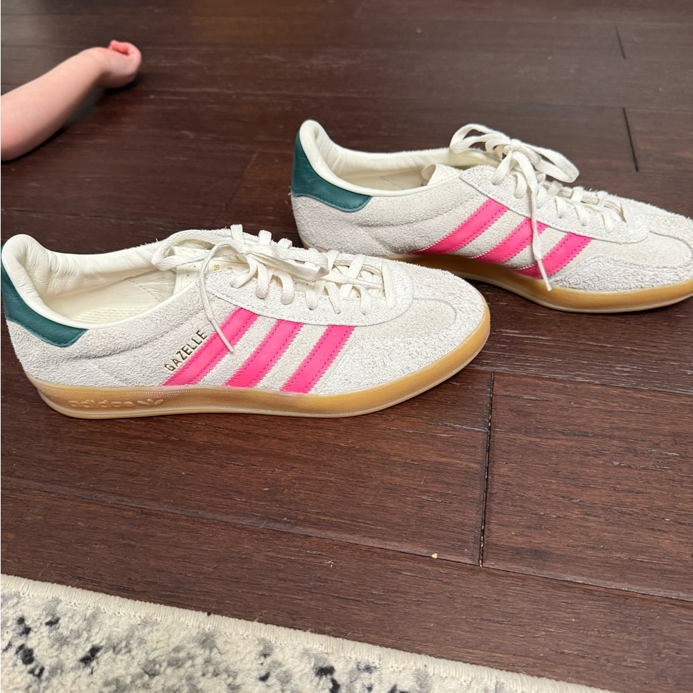 adidas Kids Gazelle White Suede Sneakers with Pink Stripes